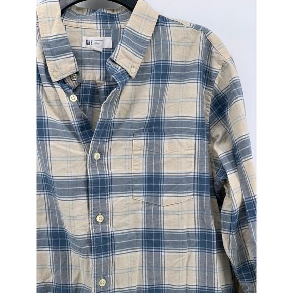 GAP Men's Blue-Cream Plaid Button-Up Long Sleeve Standard-Fit Oxford Shirt SZ L - Picture 5 of 10